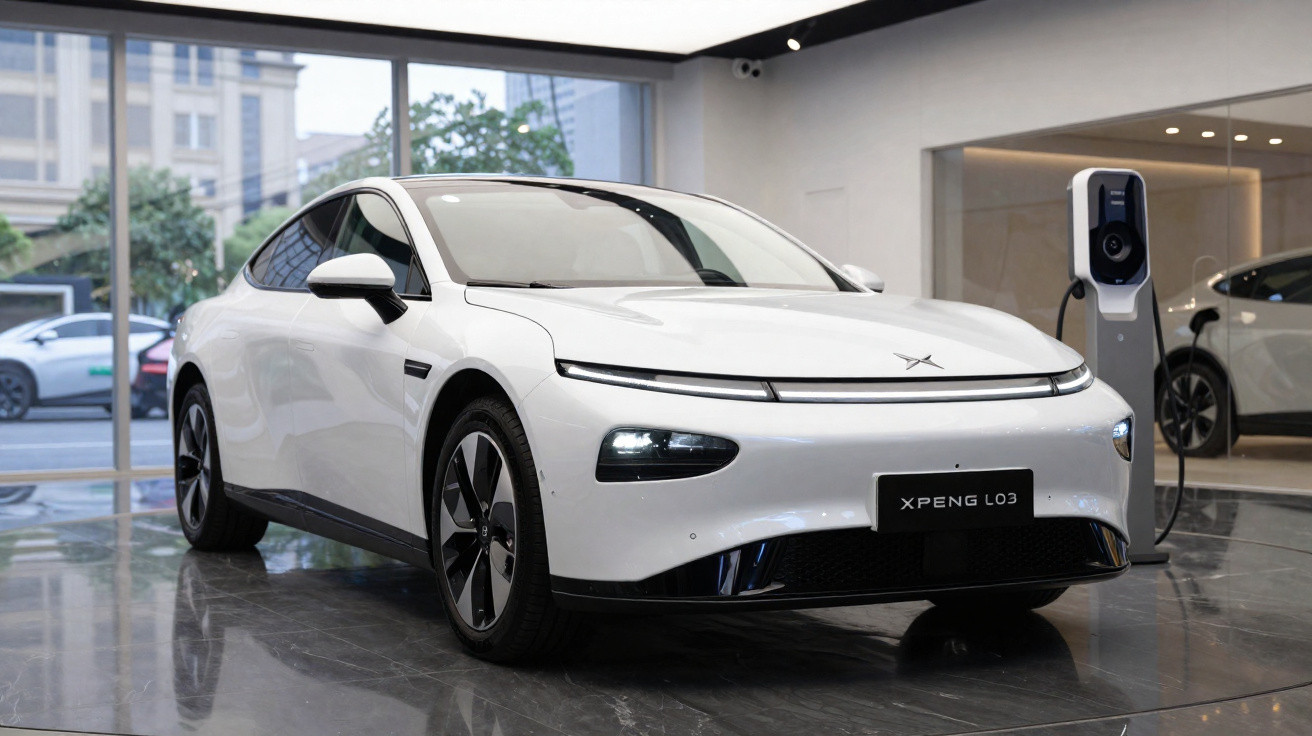 White XPeng L03 electric car displayed indoors near charging station with city view through large windows