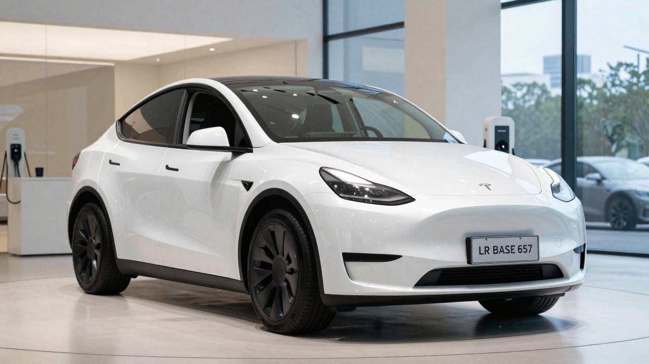 White Tesla Model Y electric car displayed indoors near charging stations and large windows.