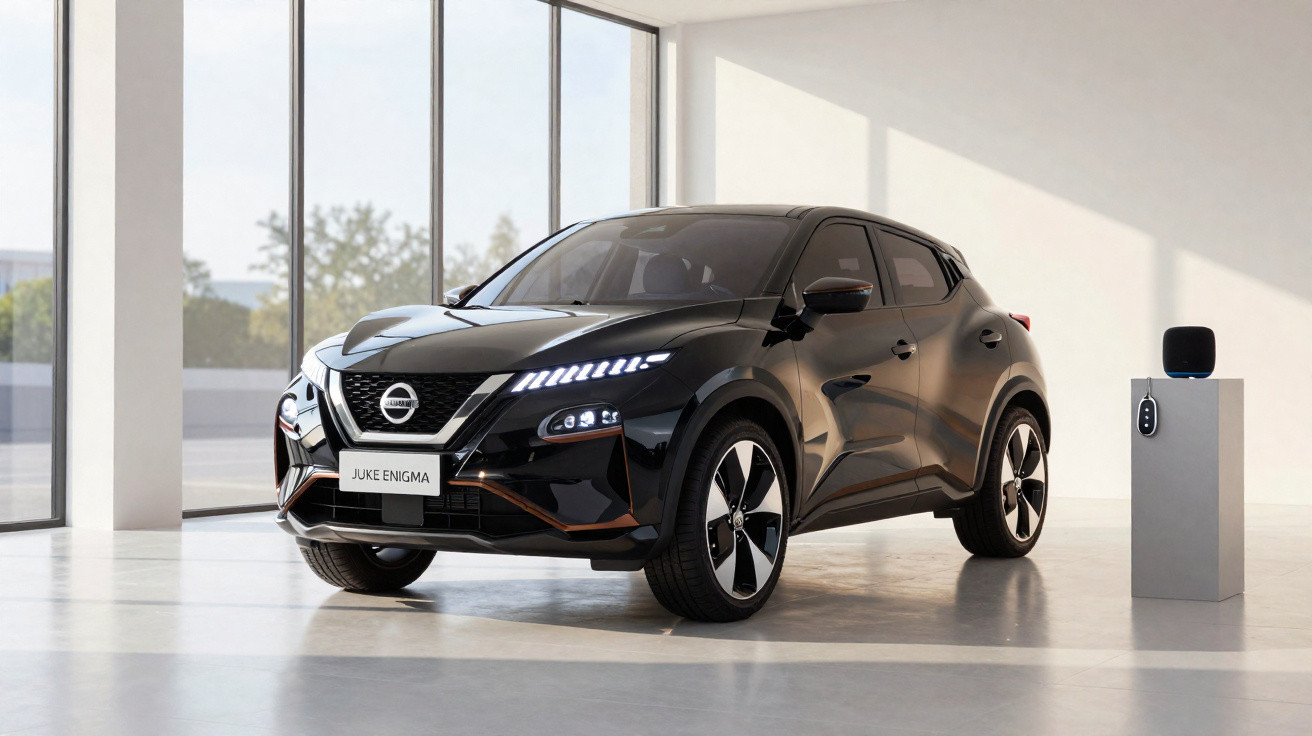 Black Nissan Juke Enigma car parked inside a bright modern showroom with a device on a pedestal nearby
