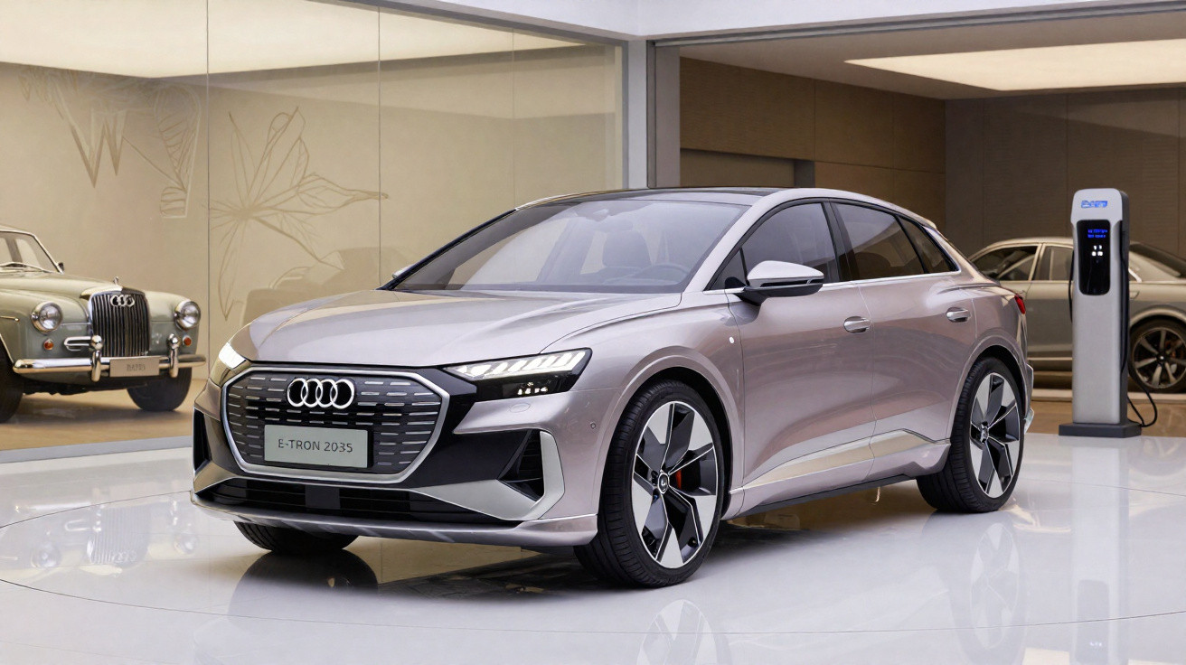Silver Audi E-Tron 2035 electric car parked indoors next to a charging station with a vintage car reflected in the window.