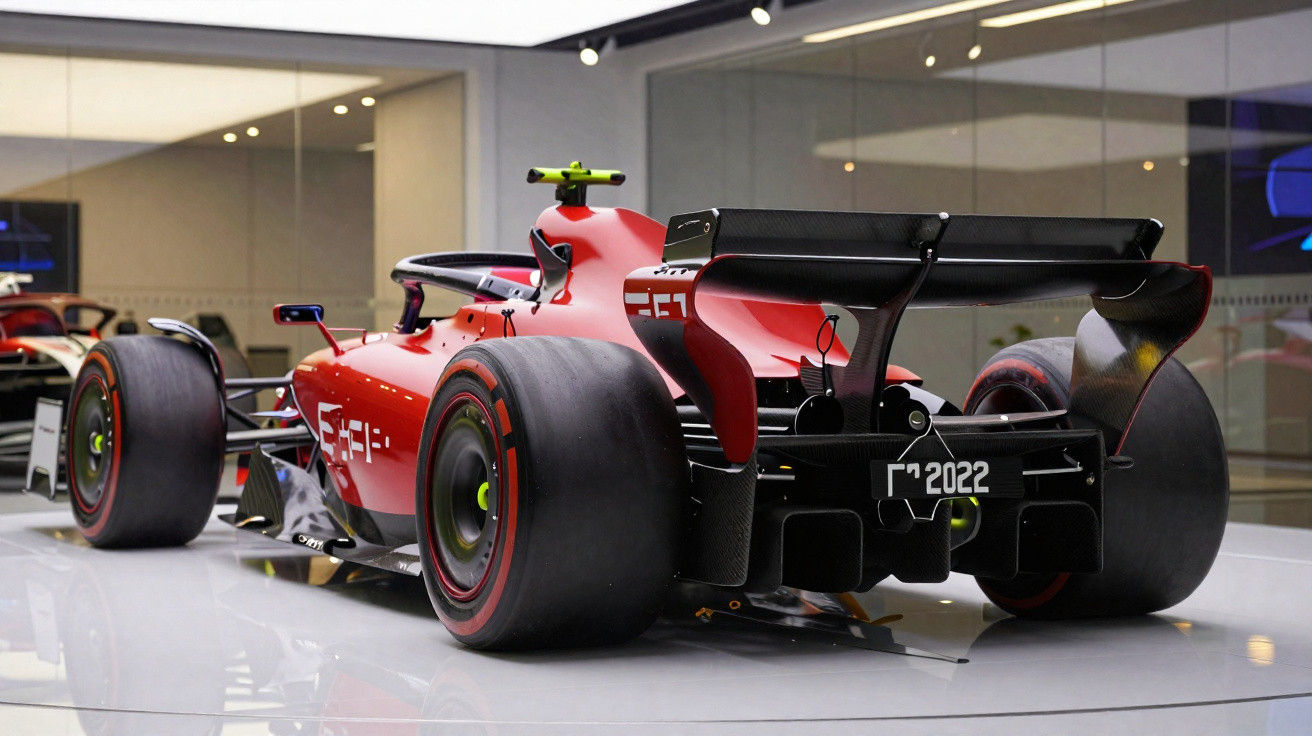 Red Formula 1 racing car rear view with wide tyres and large rear wing displayed indoors.