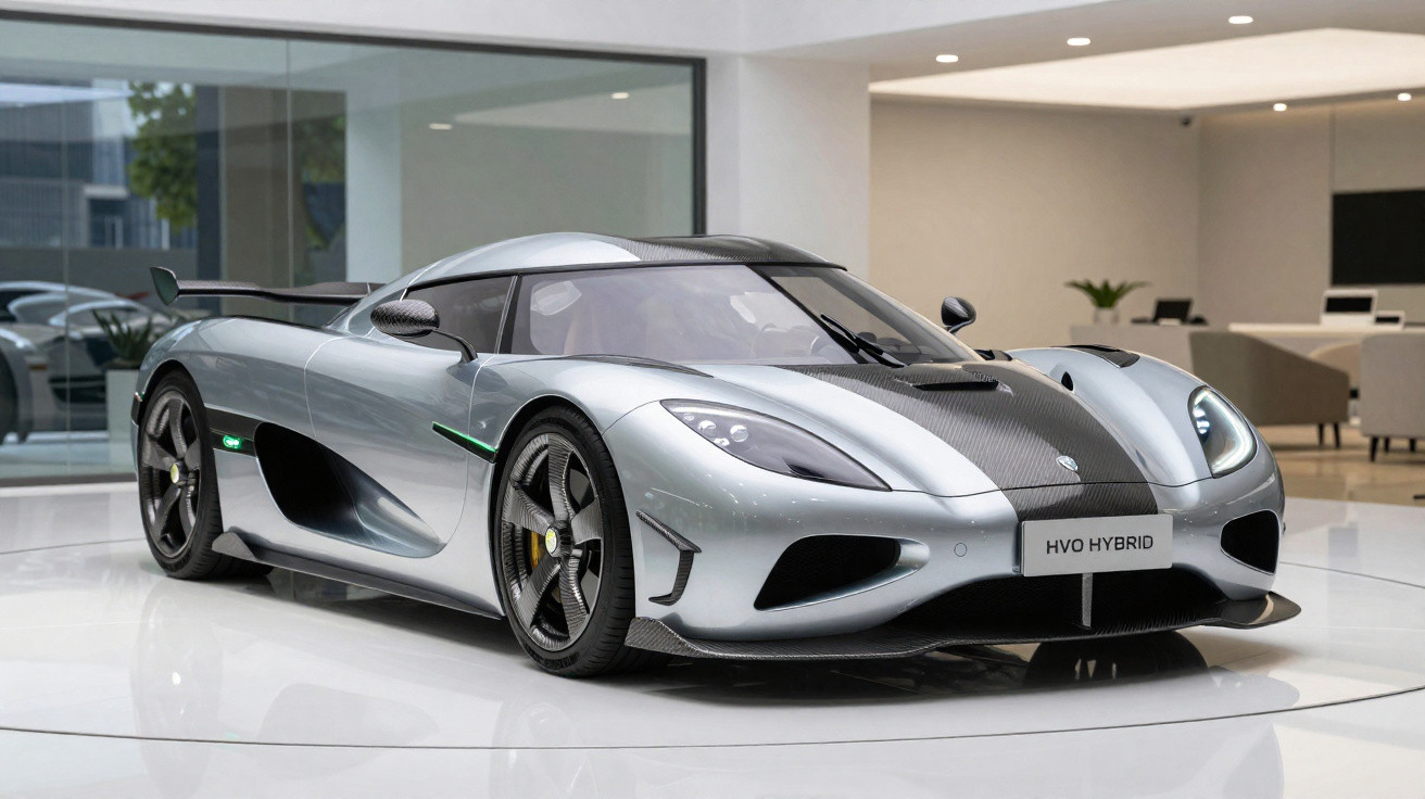 Silver Koenigsegg hybrid sports car displayed indoors with sleek design and aerodynamic features.