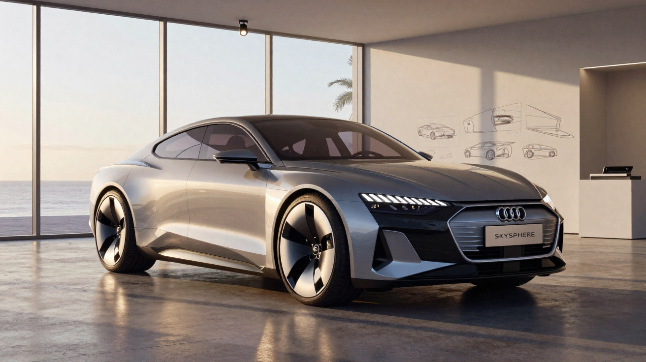Silver Audi Skysphere concept car in a modern showroom with sea view and design sketches on the wall