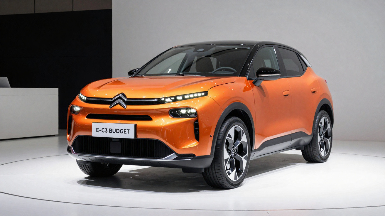 Orange Citroën E-C3 Budget compact electric car displayed on white platform in showroom.