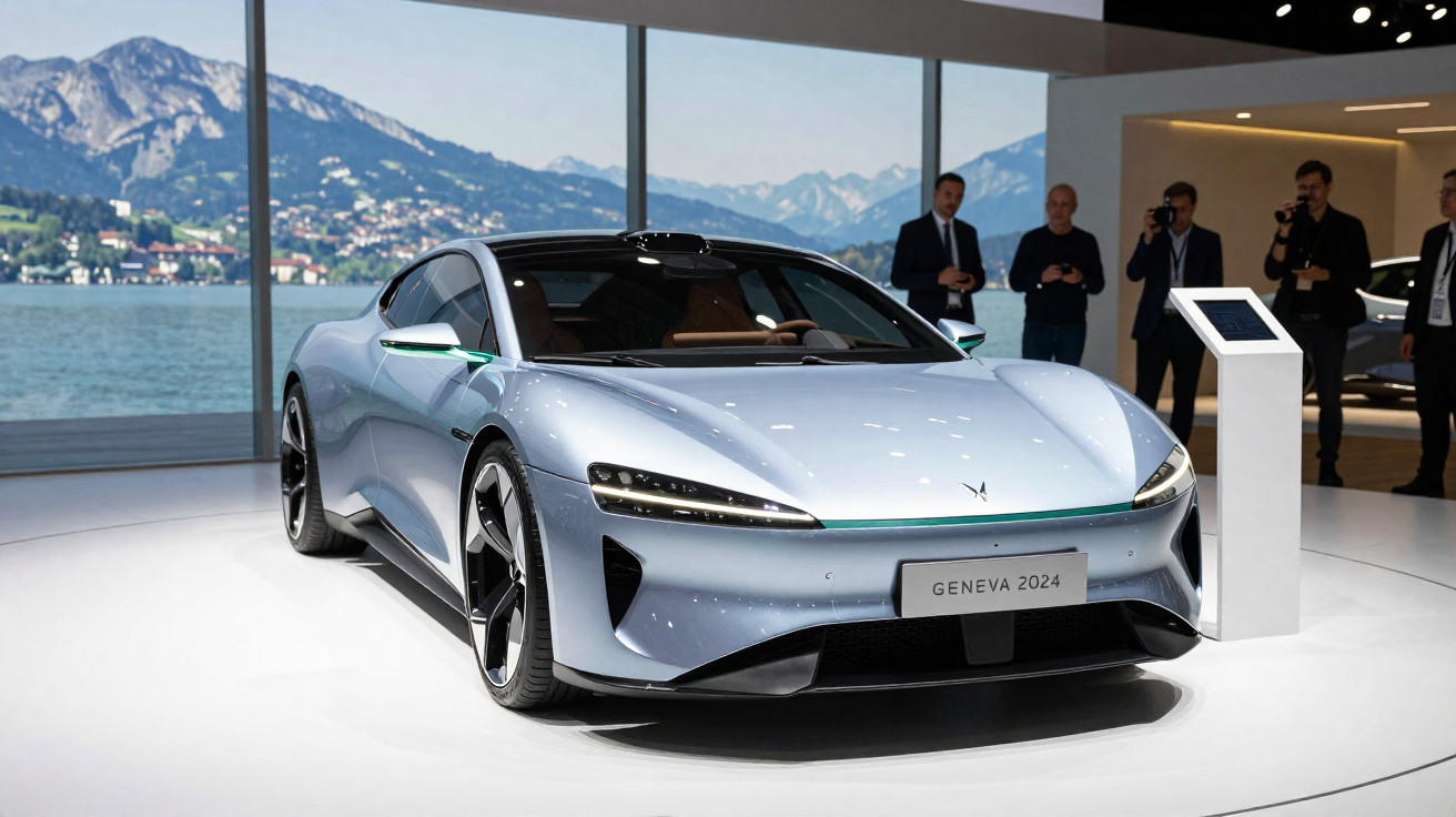 Sleek silver electric sports car displayed indoors with Geneva 2024 plate and mountain lake view behind.