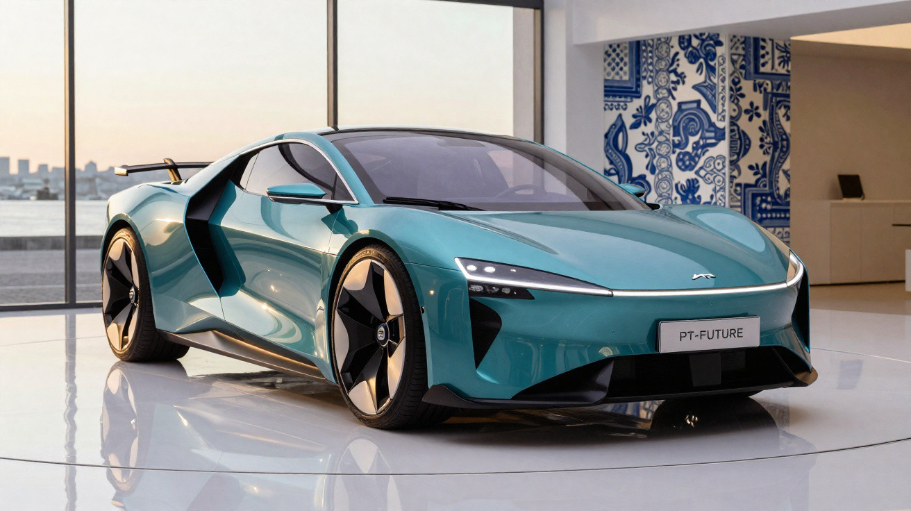 Sleek turquoise electric sports car displayed indoors with modern design and panoramic city view background.
