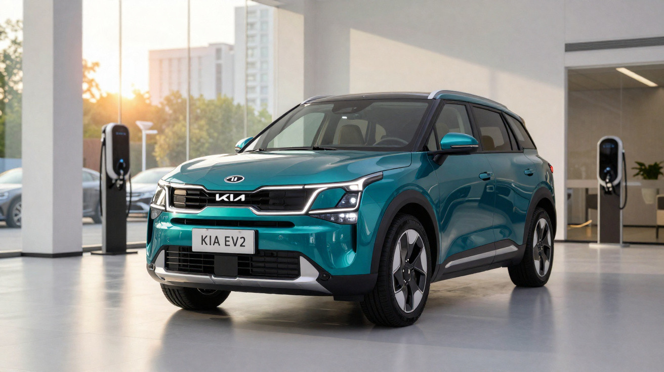 Teal Kia EV2 electric SUV parked indoors near electric vehicle charging stations.