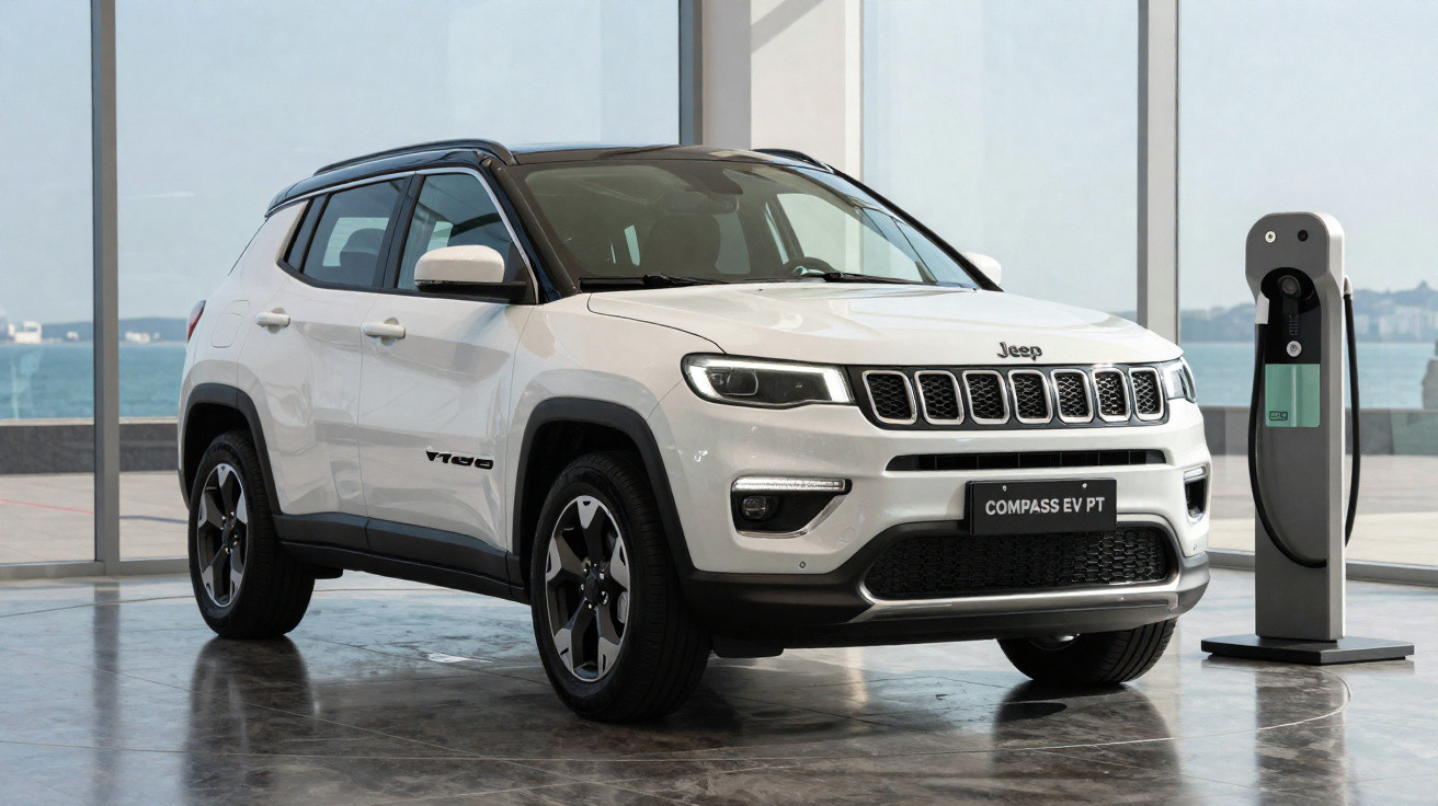 White Jeep Compass EV PT electric SUV parked indoors next to a charging station by large windows.