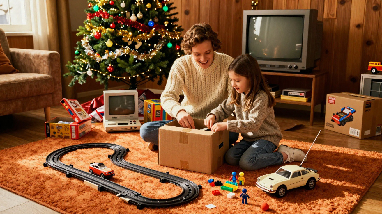 A woman and girl sitting on the floor opening a cardboard box near a decorated Christmas tree and toys.