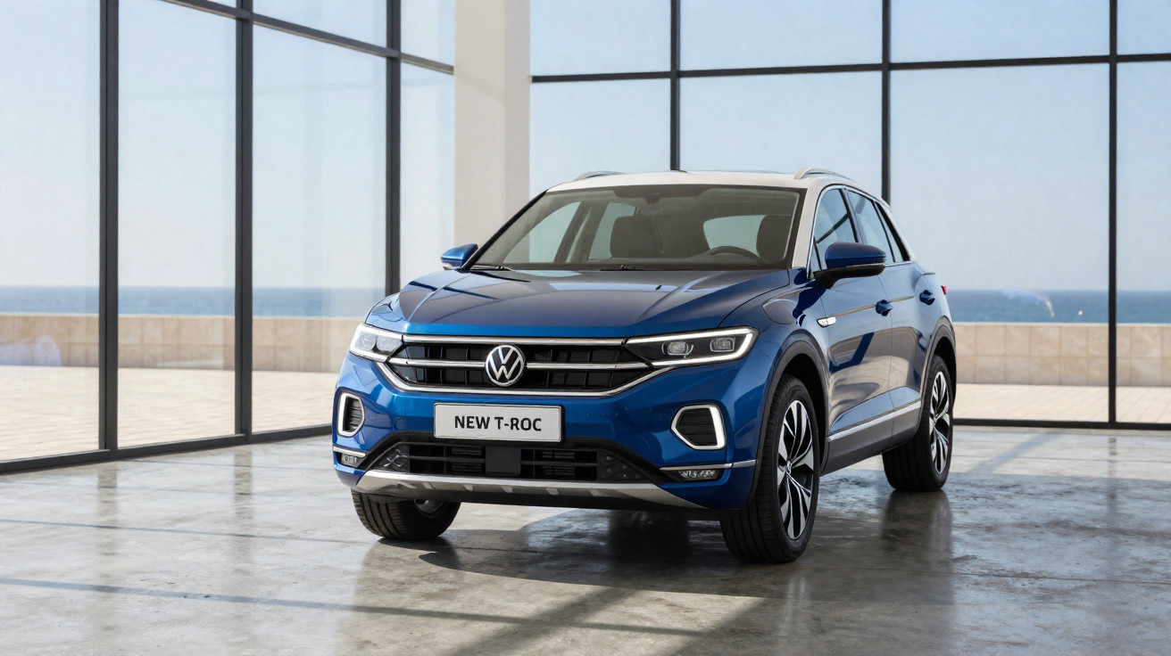 Blue Volkswagen New T-Roc SUV parked inside a glass-walled showroom with ocean view background