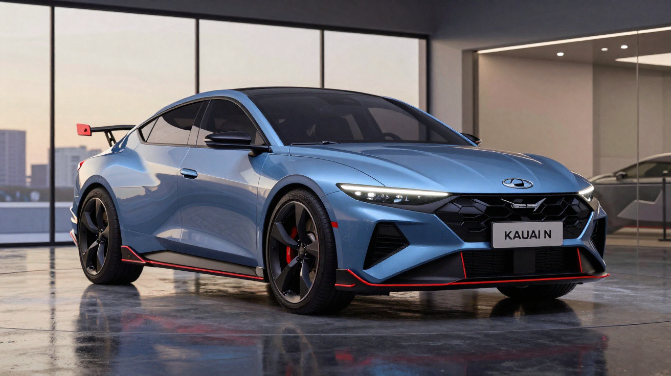 Blue Kia Kauai N sporty electric hatchback parked indoors with black and red trim details.