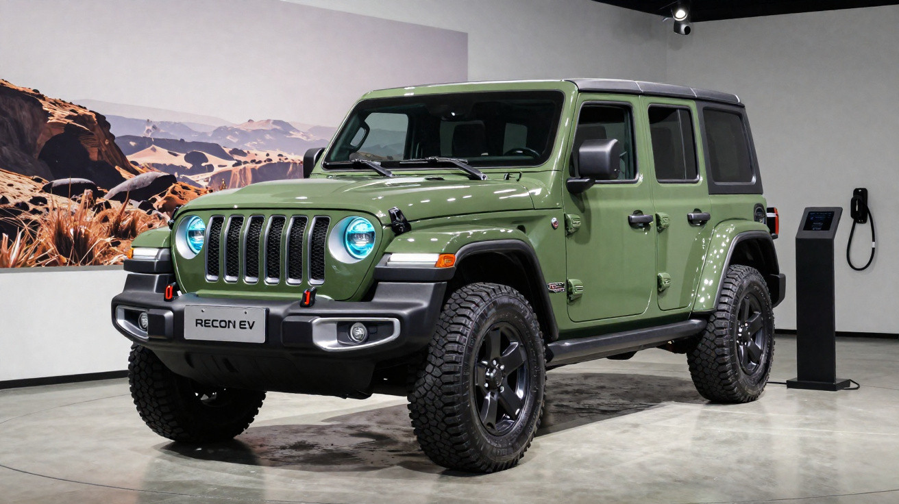 Green Jeep Recon EV electric SUV displayed indoors with off-road tires and a charging station in the background.