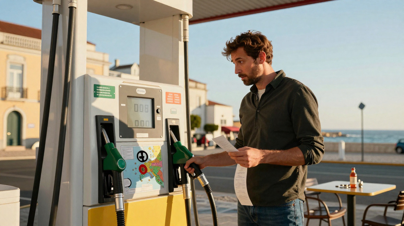 Man holding a receipt and petrol pump nozzle at a fuel station near a coastal area on a sunny day.