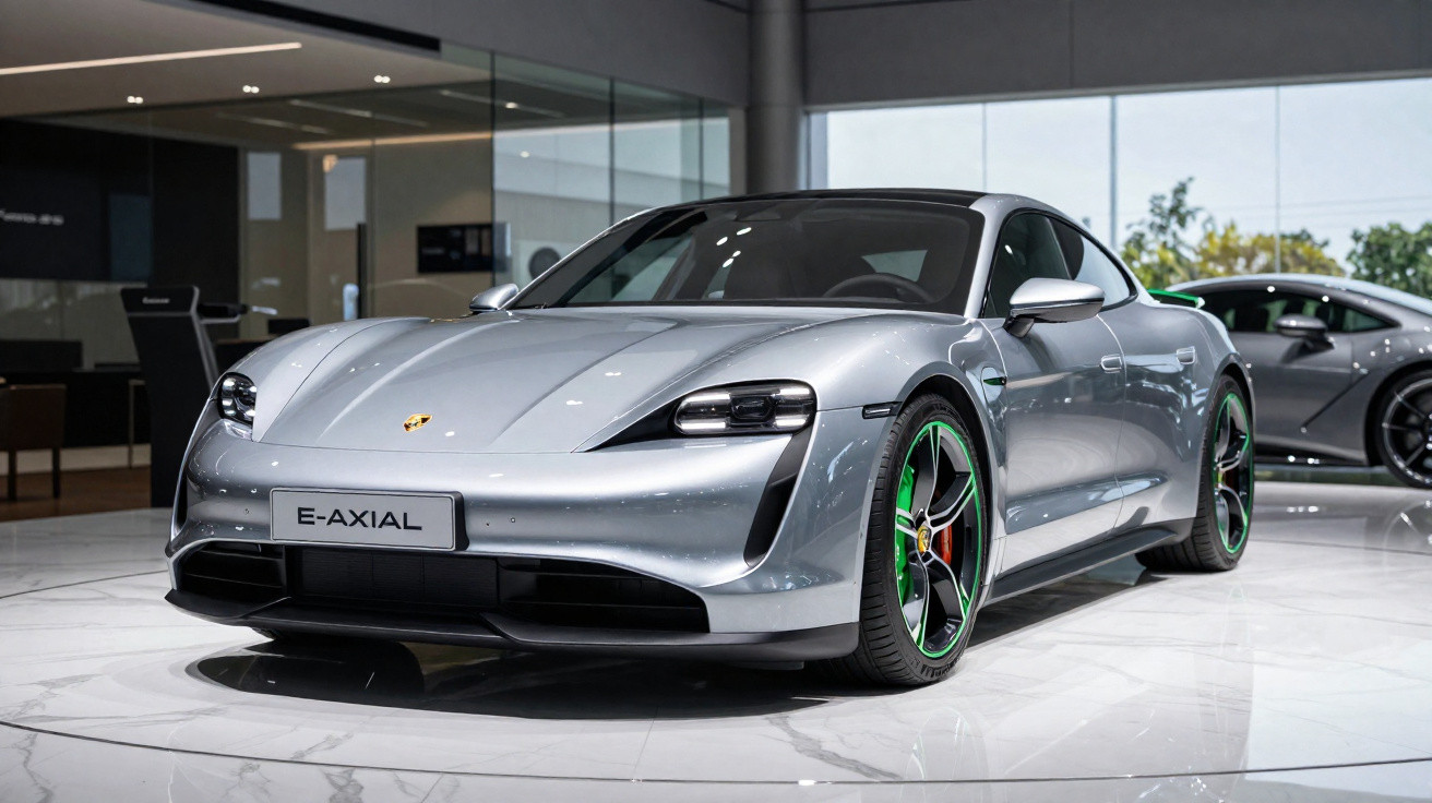 Silver Porsche E-Axial electric sports car displayed indoors on a glossy floor with green-accented wheels.