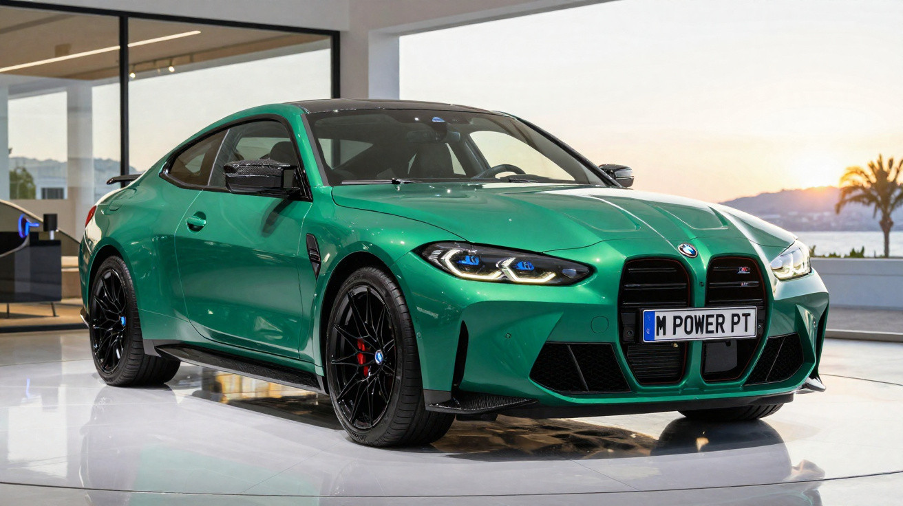 Green BMW M4 sports car with black wheels in a modern showroom at sunset.