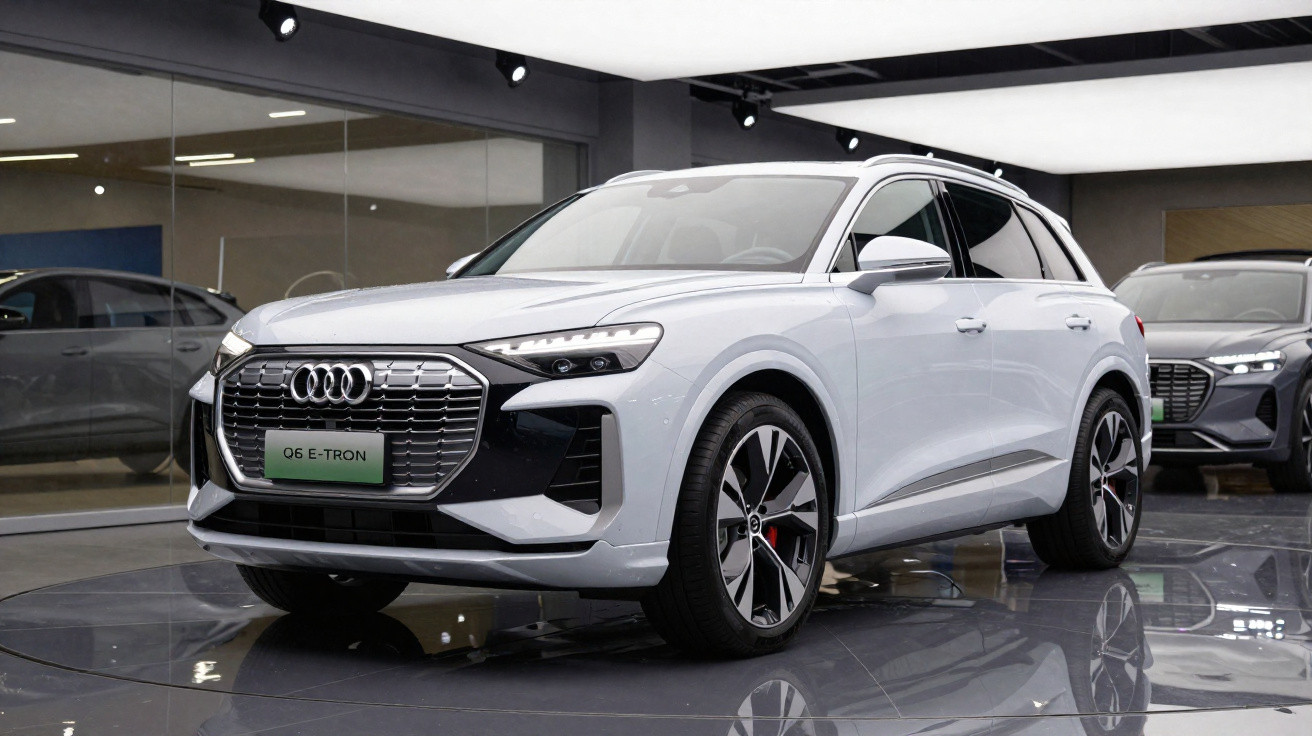White Audi Q6 E-Tron electric SUV displayed in a showroom with reflective floor and modern lighting.