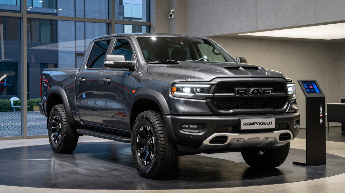 Grey RAM Rampage EU pickup truck displayed indoors with large windows and digital information stand nearby.