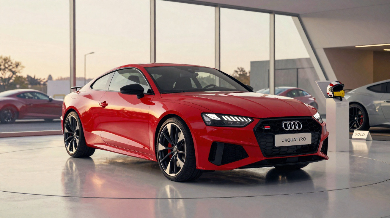 Red Audi RS sports car displayed in a spacious modern showroom with large windows and other vehicles visible outside.