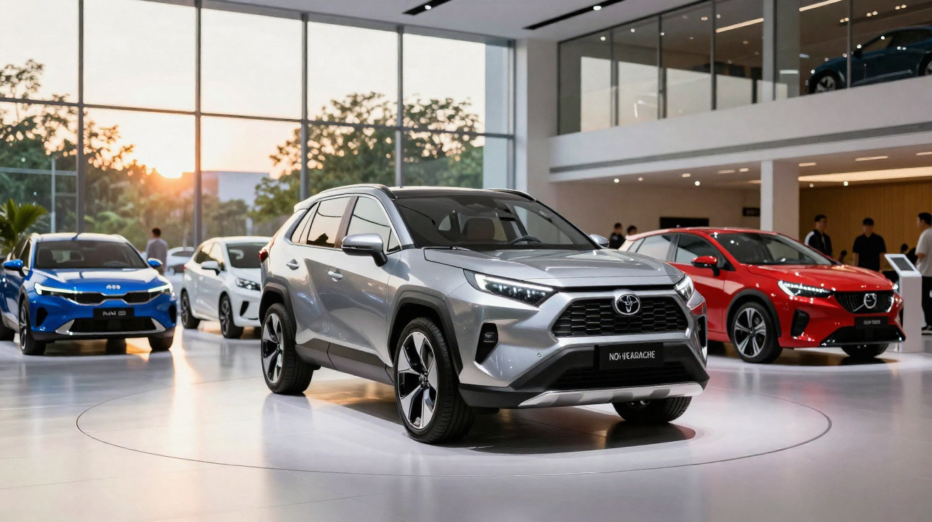 Silver Toyota SUV displayed indoors with other cars and people in a modern showroom at sunset.