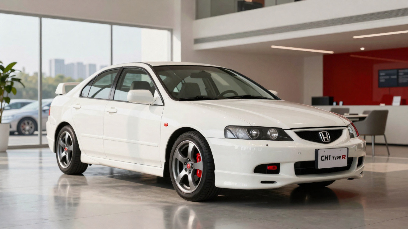 White Honda CH1 Type R sedan displayed indoors with red brake calipers and polished floor reflection