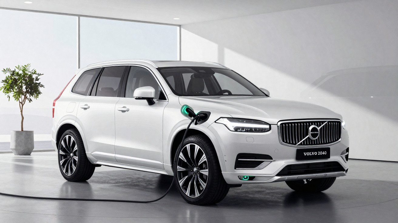 White Volvo XC90 electric SUV plugged in and charging inside a modern, minimalistic showroom.
