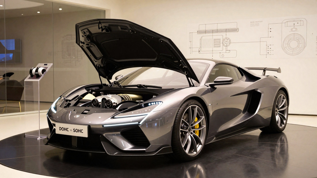 Grey sports car with open bonnet showcasing engine, displayed on a circular platform in a modern showroom.