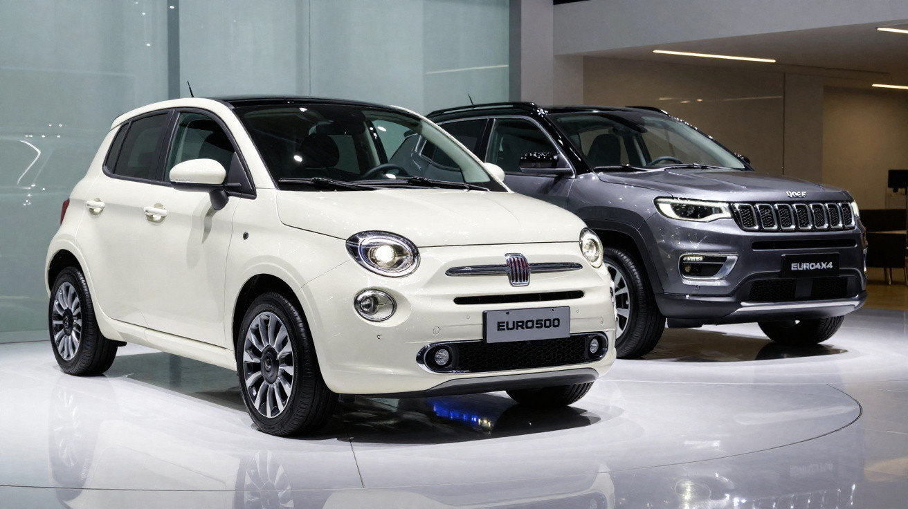 White Fiat Euro 500 and grey Jeep Euro 4x4 displayed indoors with reflective floor and modern lighting.
