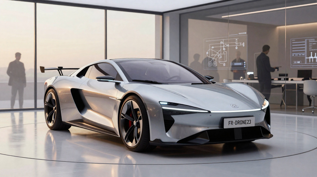 Silver futuristic sports car displayed in a modern showroom with glass walls and people in the background.