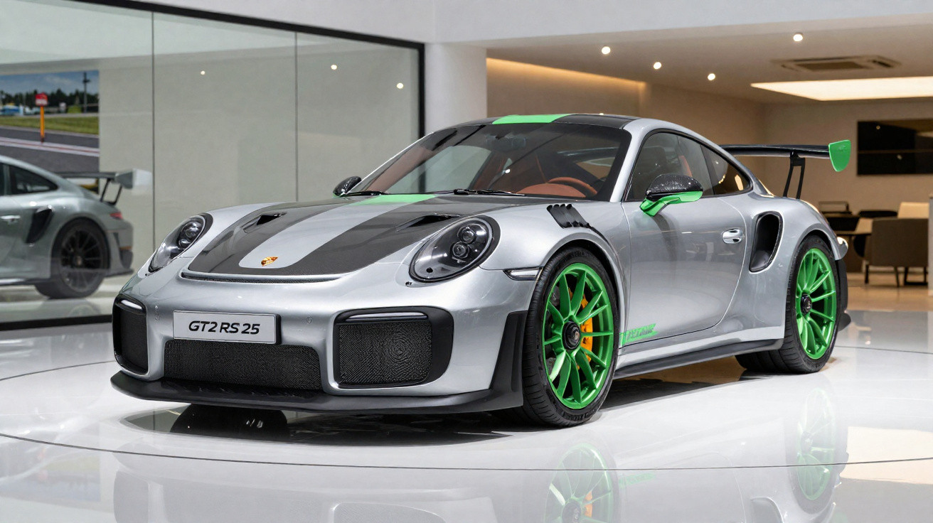 Silver Porsche GT2 RS 25 sports car with green accents and wheels displayed in a modern showroom.