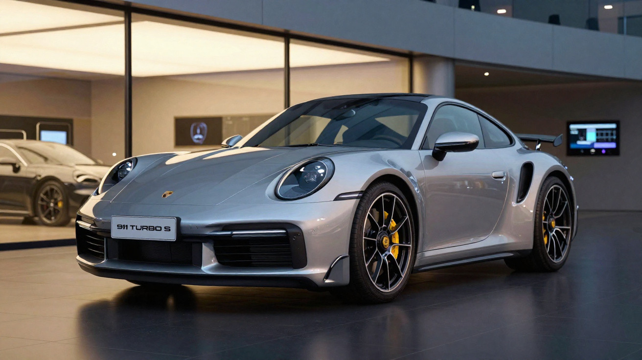 Silver Porsche 911 Turbo S sports car parked indoors with modern building reflections in the background.