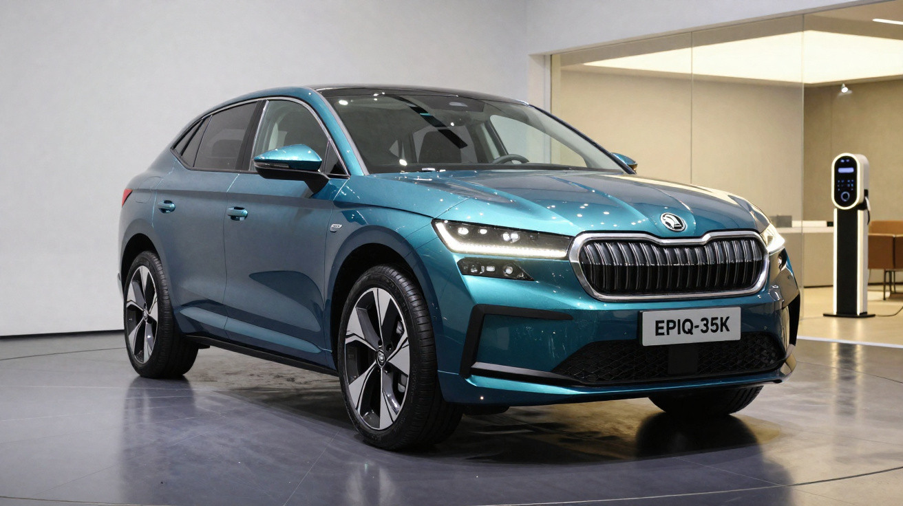 Teal blue Škoda electric car EPIQ-35K displayed indoors with charging station in the background.