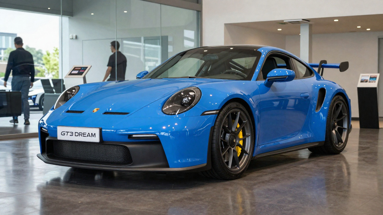 Blue Porsche GT3 sports car displayed indoors on a polished floor with people in background.