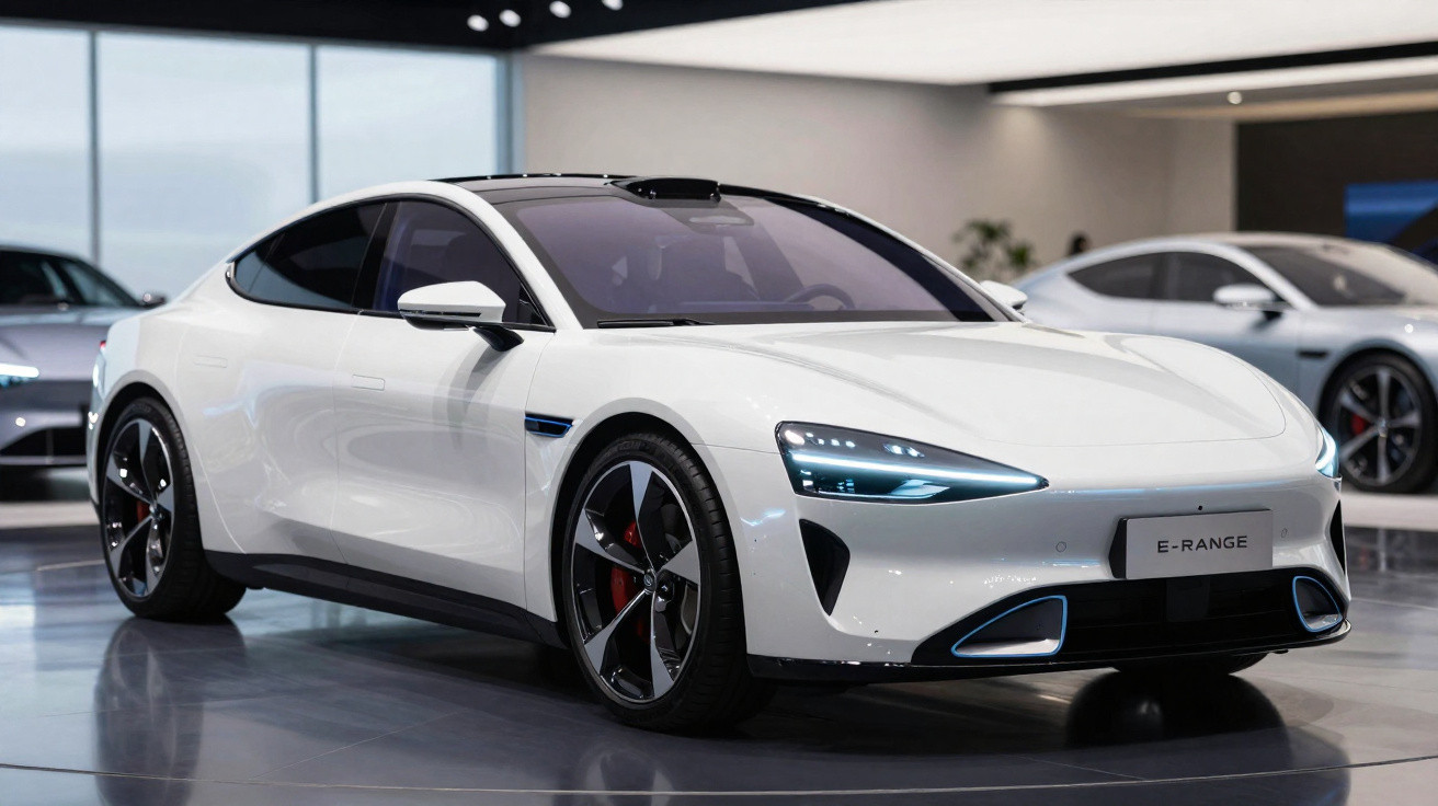 White sleek electric sports car with modern LED headlights displayed indoors on a showroom floor
