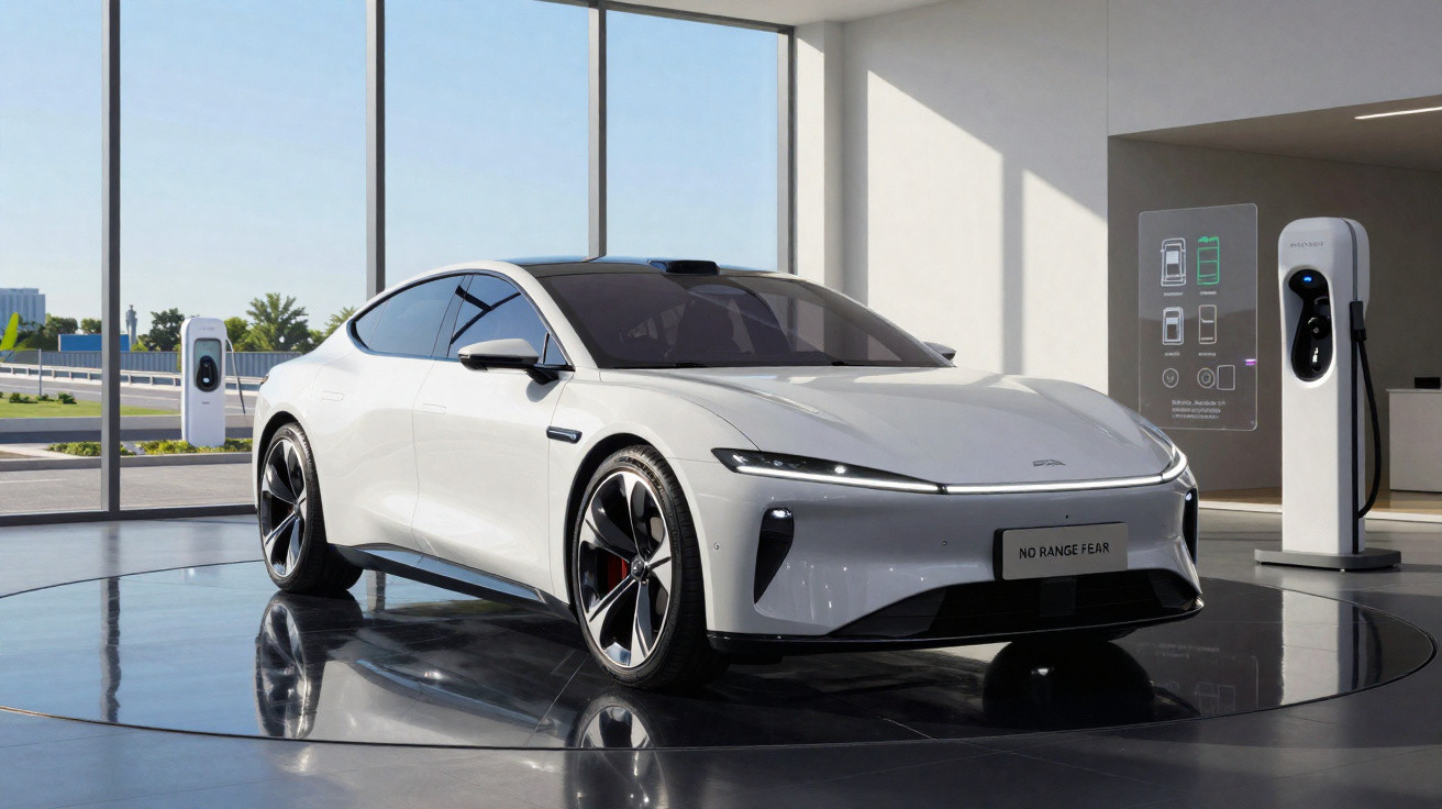 White electric sports sedan on rotating platform next to charging stations inside a modern showroom.