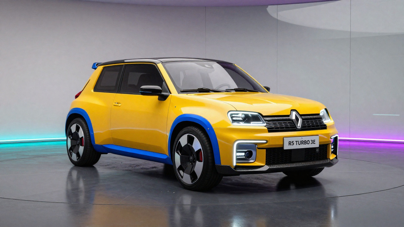 Yellow and blue Renault R5 Turbo 3E electric car displayed in a modern showroom with neon lighting.