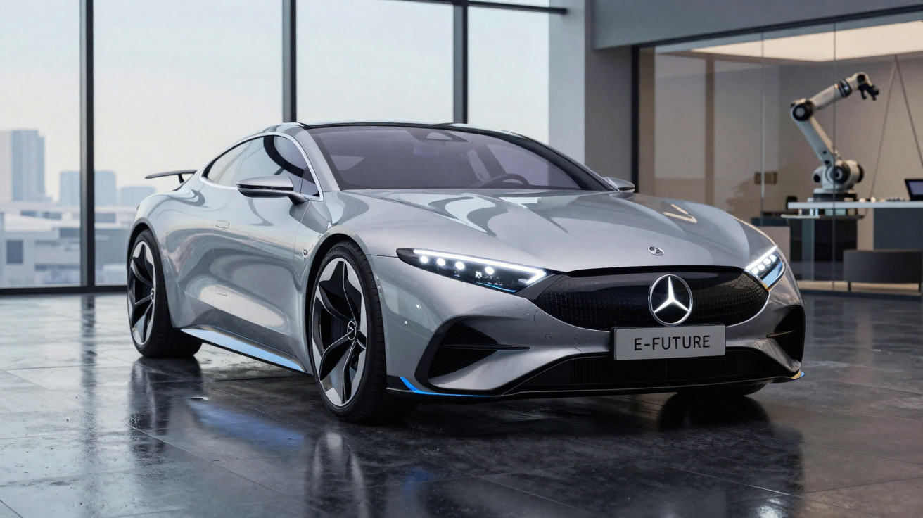 Silver Mercedes-Benz E-Future electric sports car displayed indoors with robotic arm in background.