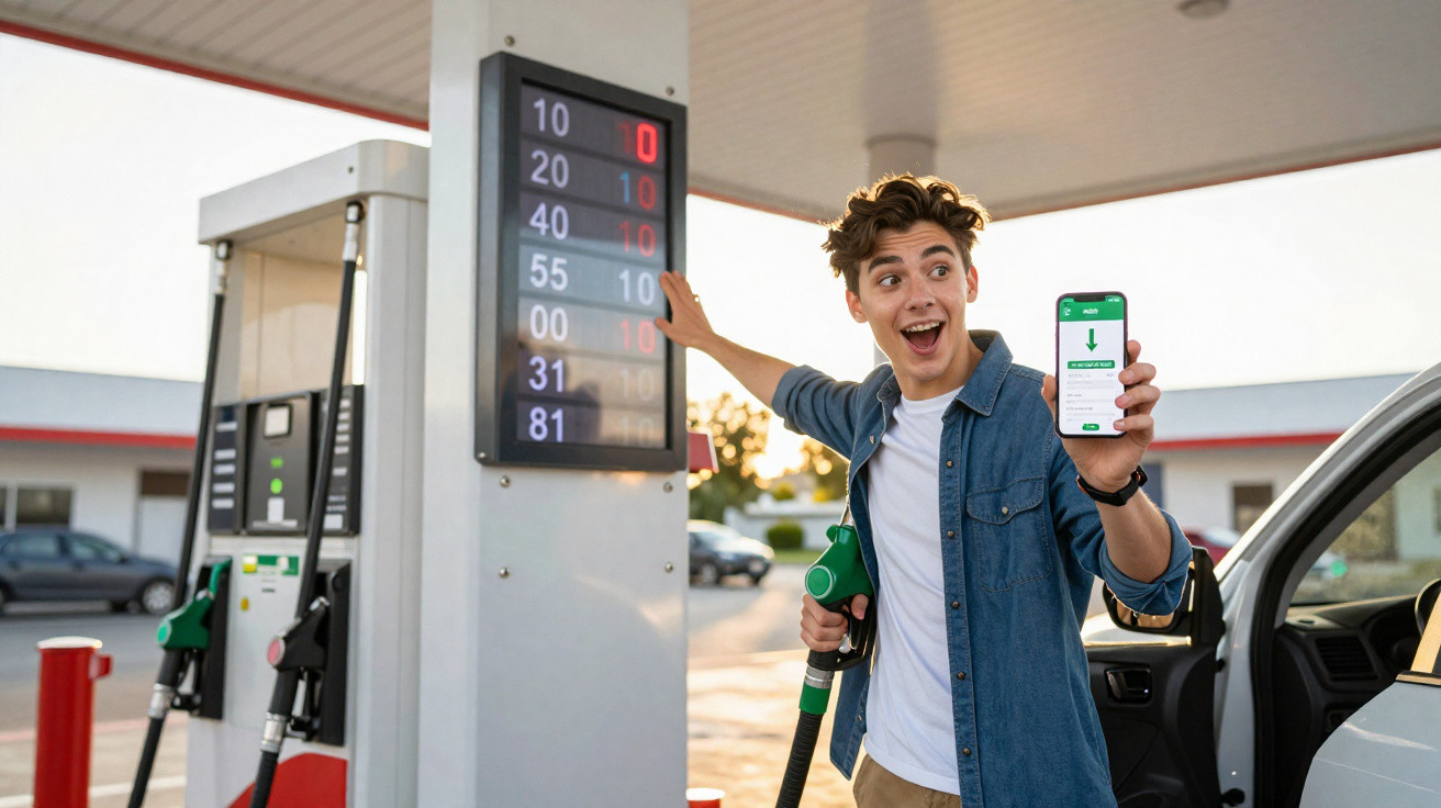 Young man at petrol station holding fuel nozzle and phone showing price drop app, excited expression.