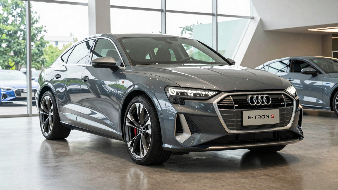 Grey Audi e-tron S electric car displayed in a modern showroom with large windows and polished floor.