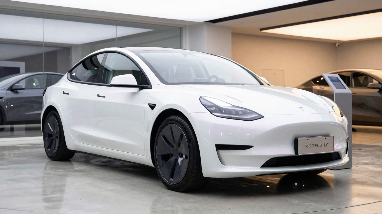 White Tesla Model 3 electric car displayed indoors on polished floor with modern showroom background.