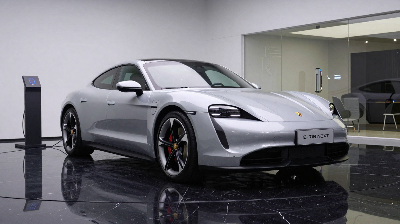 Silver Porsche Taycan electric sports car charging indoors on glossy black marble floor
