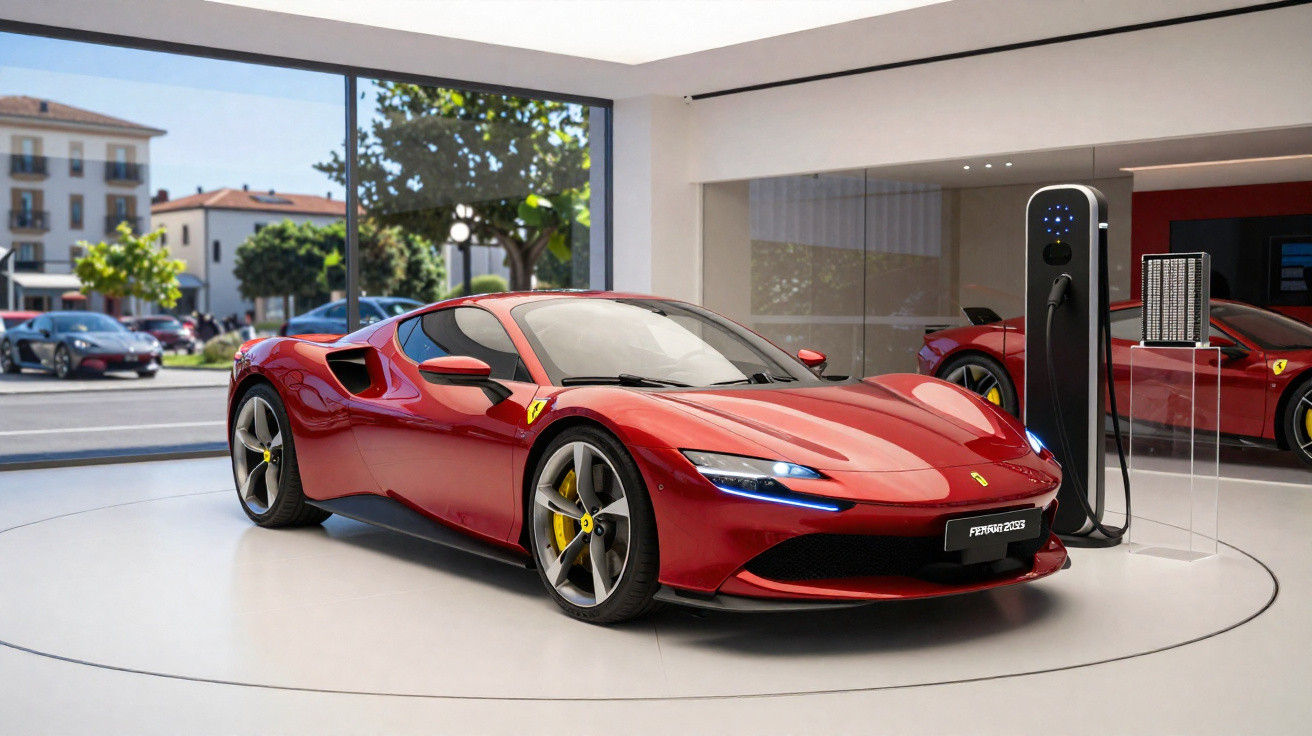 Red Ferrari sports car displayed indoors near an electric charging station with large windows showing a street outside.
