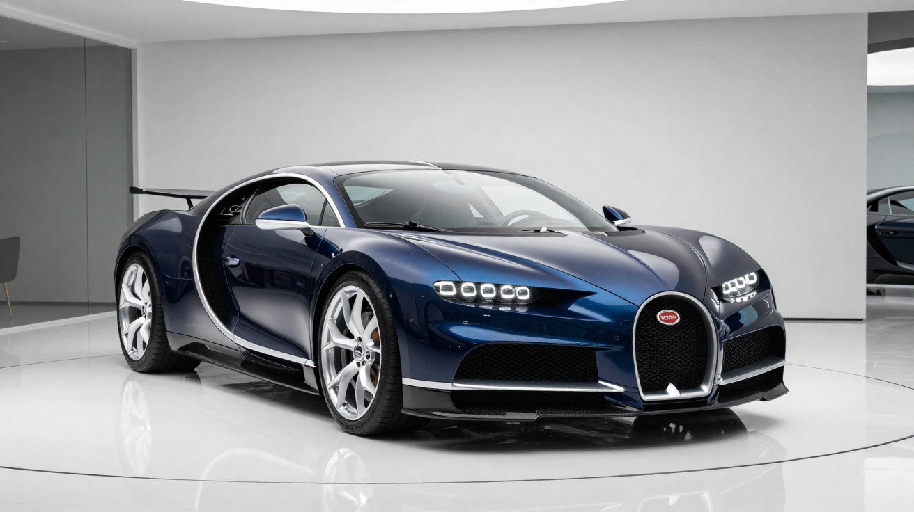 Dark blue Bugatti Chiron sports car displayed in a white showroom with reflective flooring.