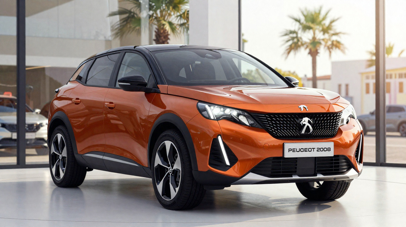 Orange Peugeot 2008 SUV on display in a showroom with palm trees visible outside large windows.