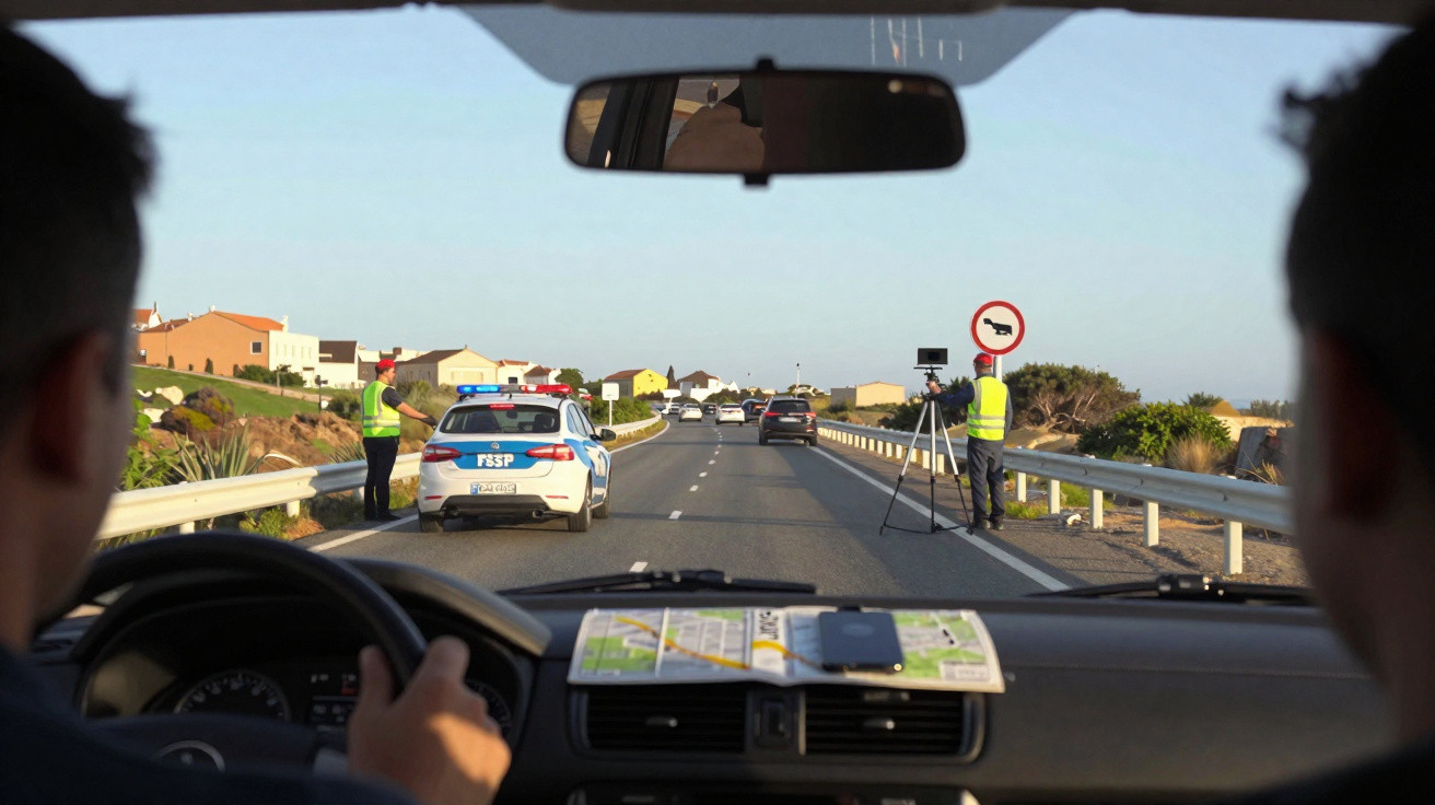 View from inside a car approaching a police speed check on a rural road with officers and a radar gun.