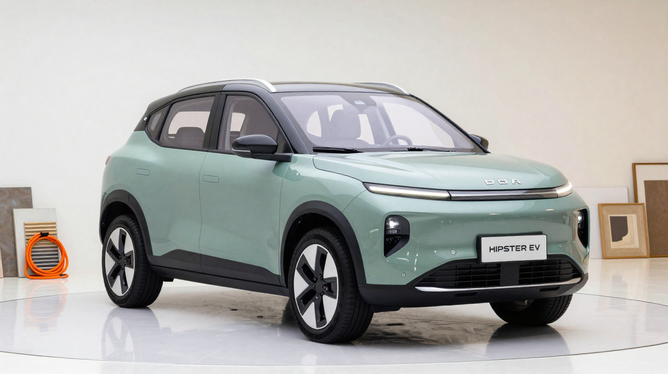 Mint green electric SUV parked indoors with modern design and charging cable coiled nearby.