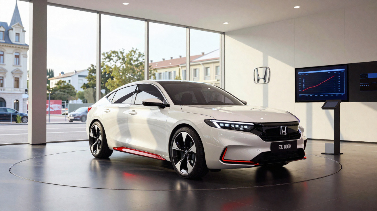 White Honda electric sedan displayed in showroom with digital screen showing growth chart in background.