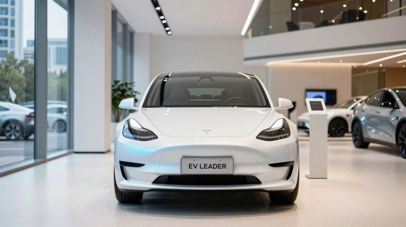 Front view of a white Tesla electric car with "EV LEADER" number plate in a modern showroom.
