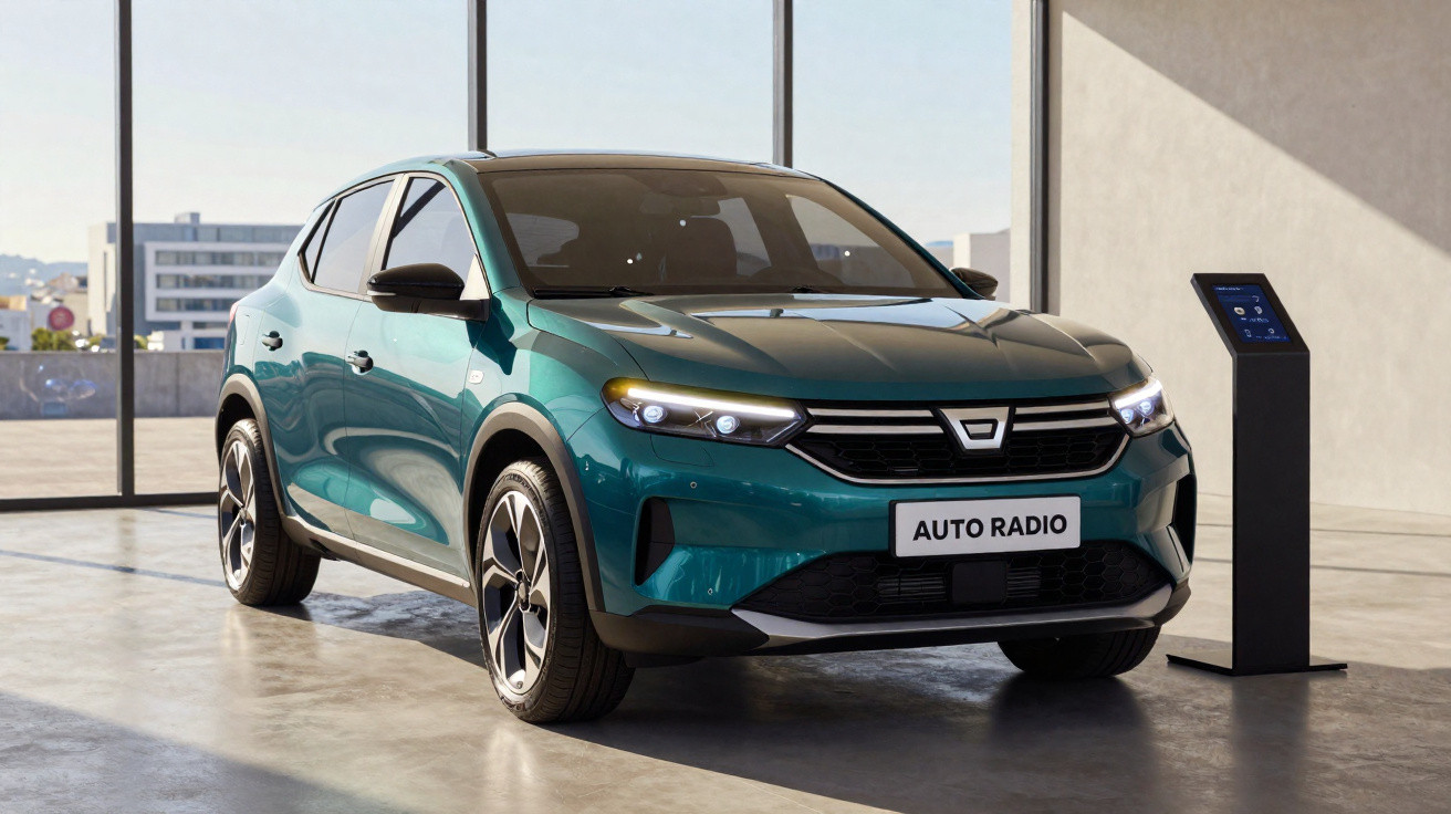 Teal electric car parked indoors next to a touchscreen charging station with city buildings visible outside.