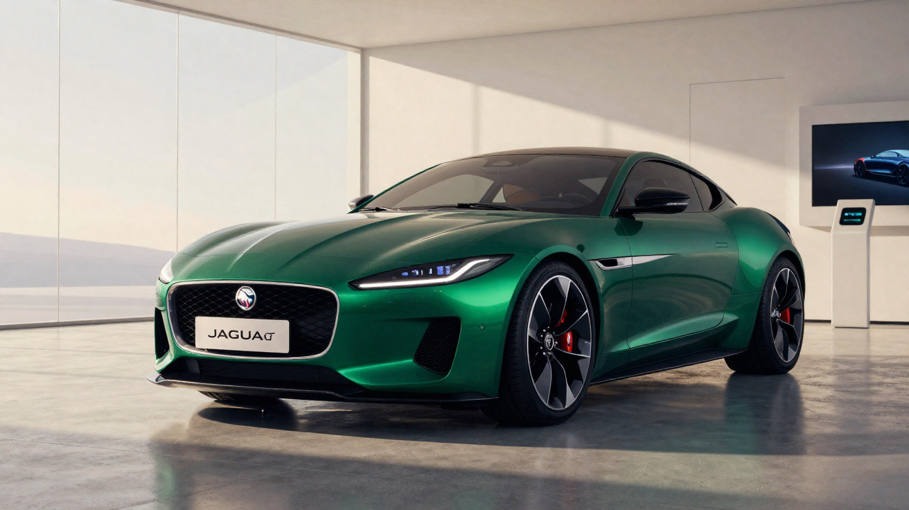 Green Jaguar sports car parked indoors in a modern, minimalistic showroom with large glass windows.