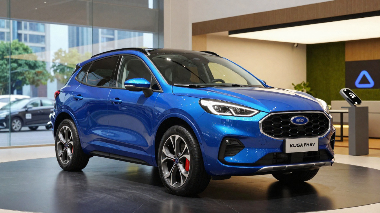 Blue Ford Kuga FHEV SUV displayed indoors on a circular platform with large windows in the background.